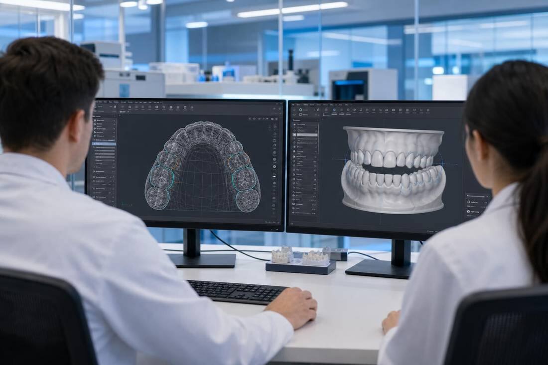 Dental lab team working with digital technology